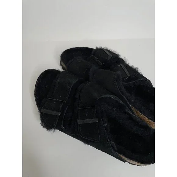 Birkenstock Arizona Black Shearling Fur Sandals Size 38 US 7 Narrow NEW - Picture 4 of 7